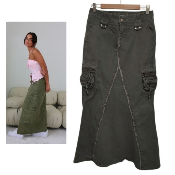 Vintage Dresses & Skirts - True Y2K Vintage Cargo Skirt Army Green 2000s Boho Grunge Canvas Denim